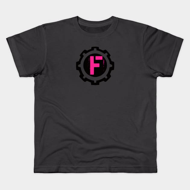 Pink Letter F in a Black Industrial Cog Kids T-Shirt by MistarCo